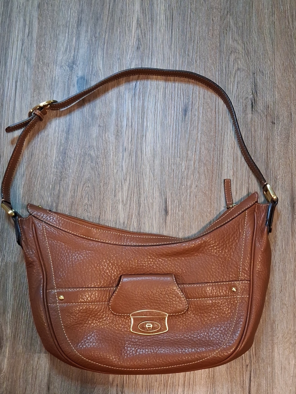 Etienne Aigner Tan Pebbled Leather Shoulder Bag with Gold Hardware